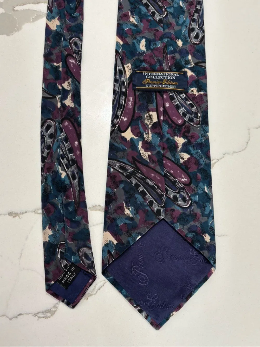 Vintage Kuppenheimer Premier Teal Blue Purple Paisley Abstract Pattern Silk Tie